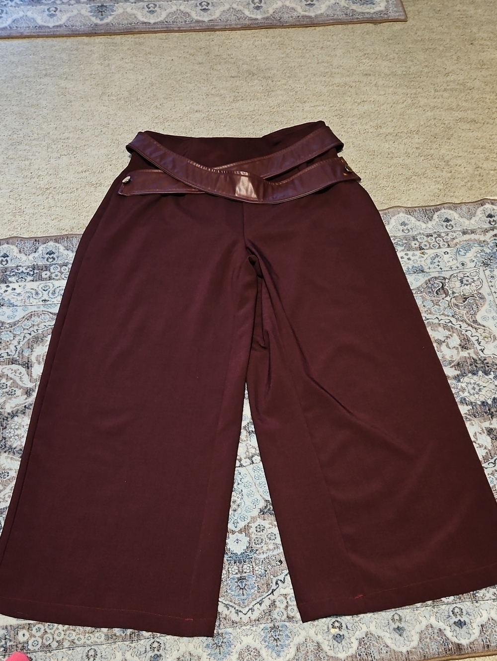 SHEIN Burgundy Wide-Leg Cropped Pants W/ Attached Tiered Belt With Gold Buttons.